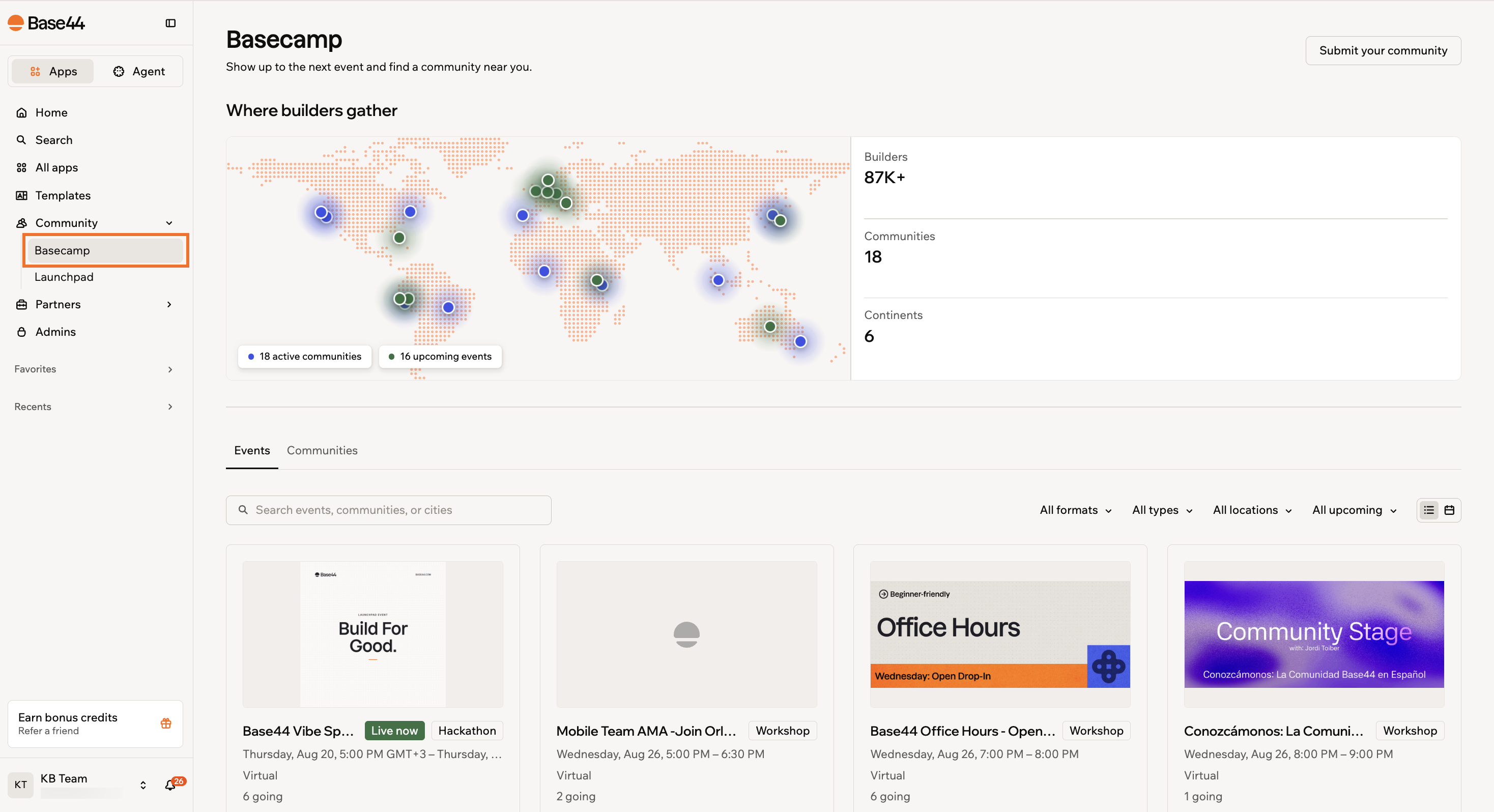 The Basecamp page showing the builder activity map, community stats, and the events list