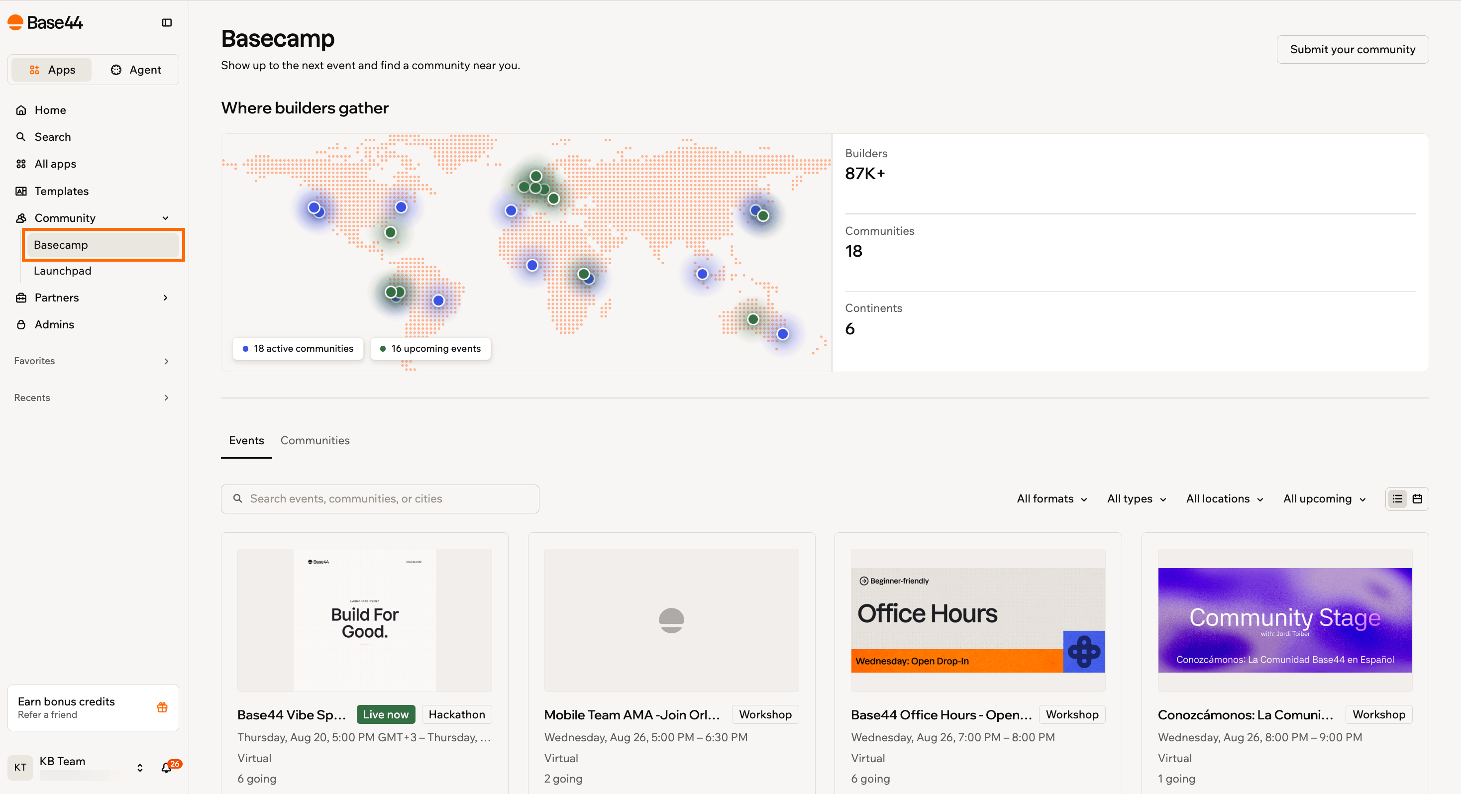 The Basecamp page showing the builder activity map, community stats, and the events list