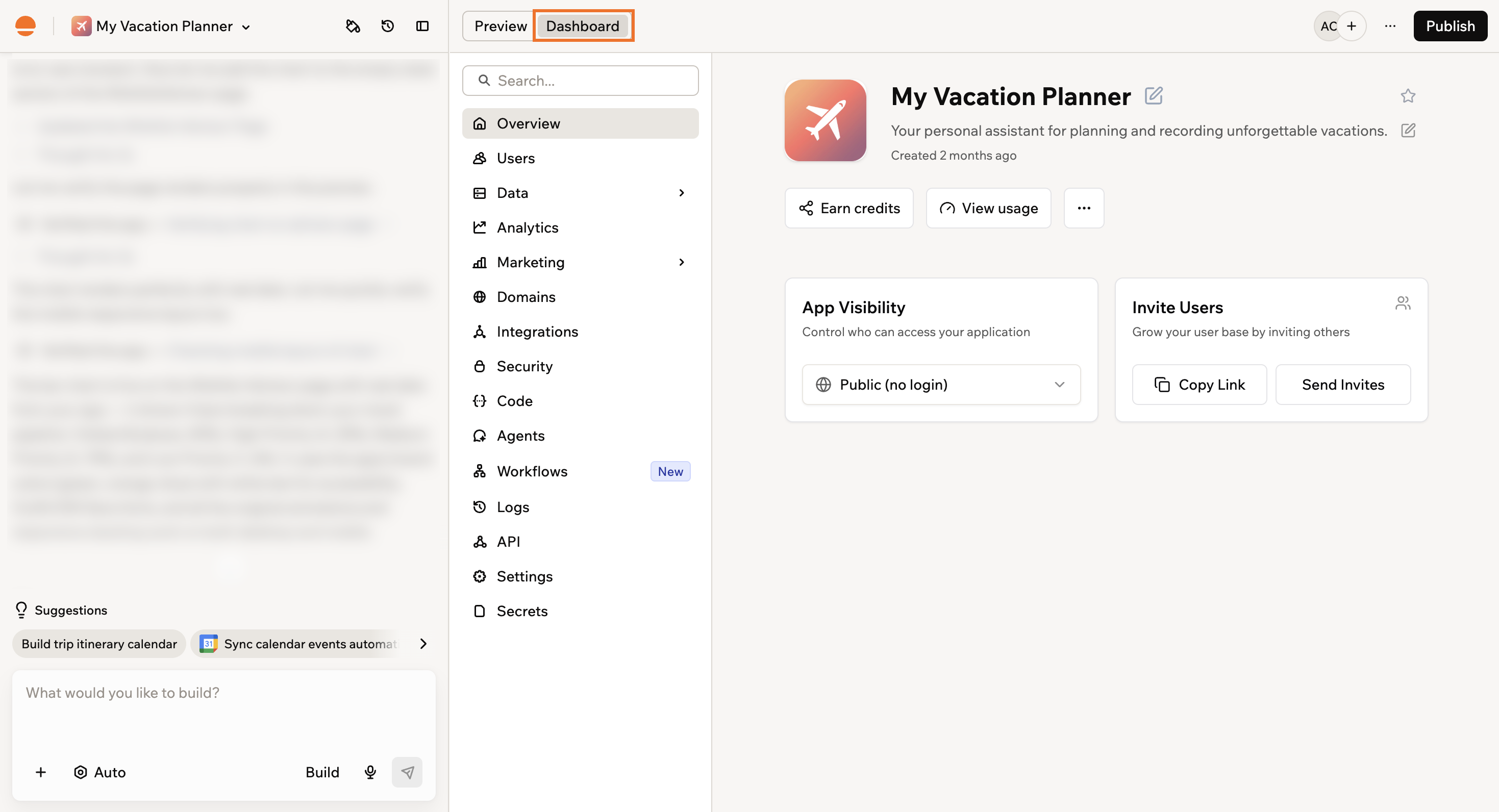 The Dashboard tab open in the app editor, showing the dashboard menu and the app Overview