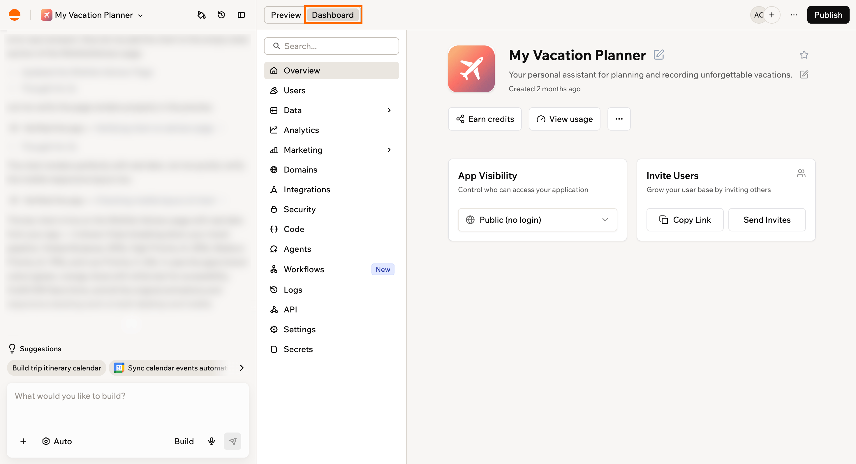 The Dashboard tab open in the app editor, showing the dashboard menu and the app Overview