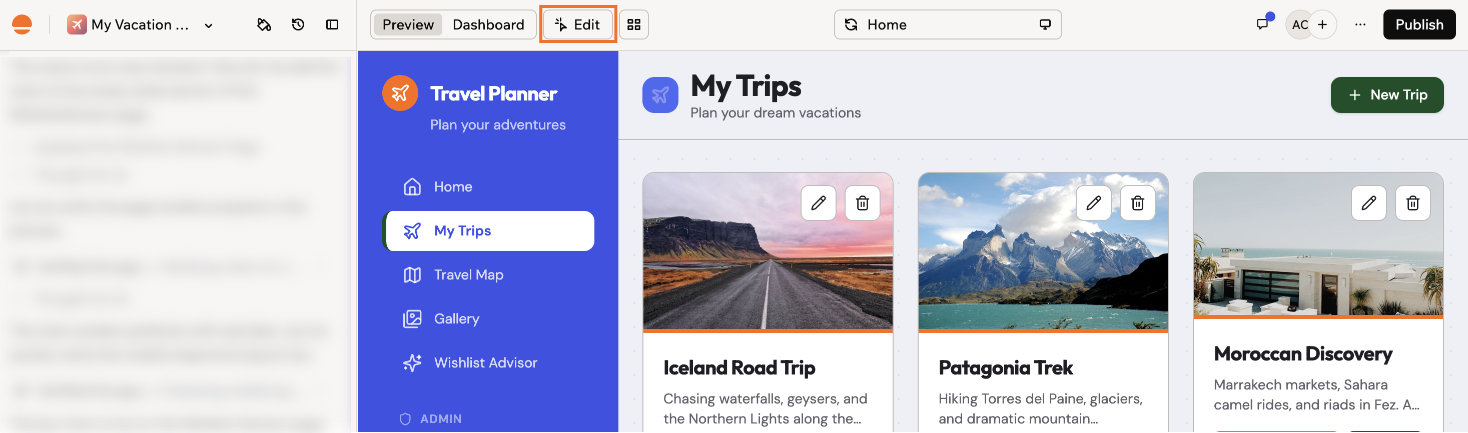 The Edit button at the top of the app editor, beside Preview and Dashboard