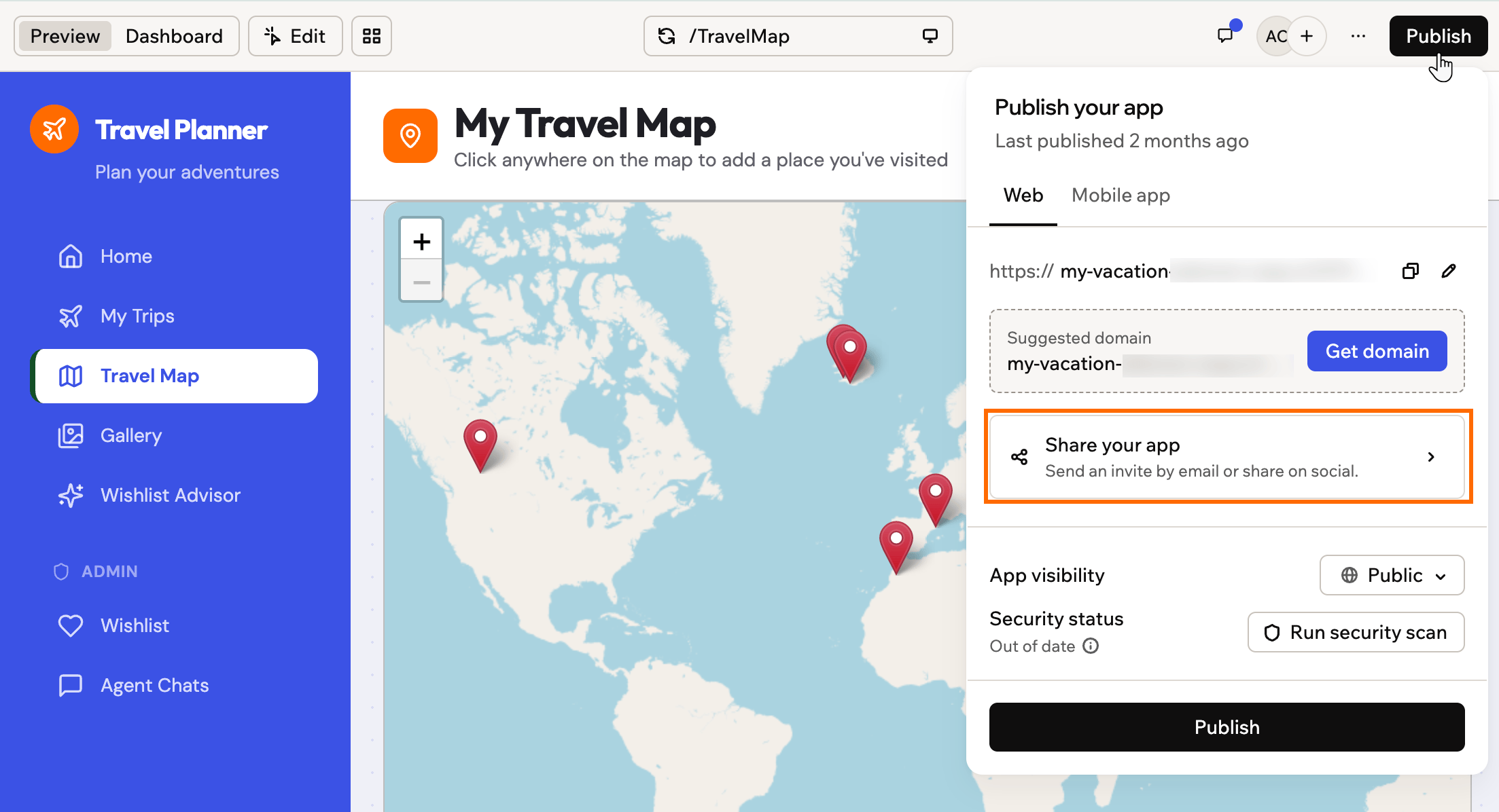 The Publish panel with Share your app highlighted, offering an email invite, a link to copy, and social sharing