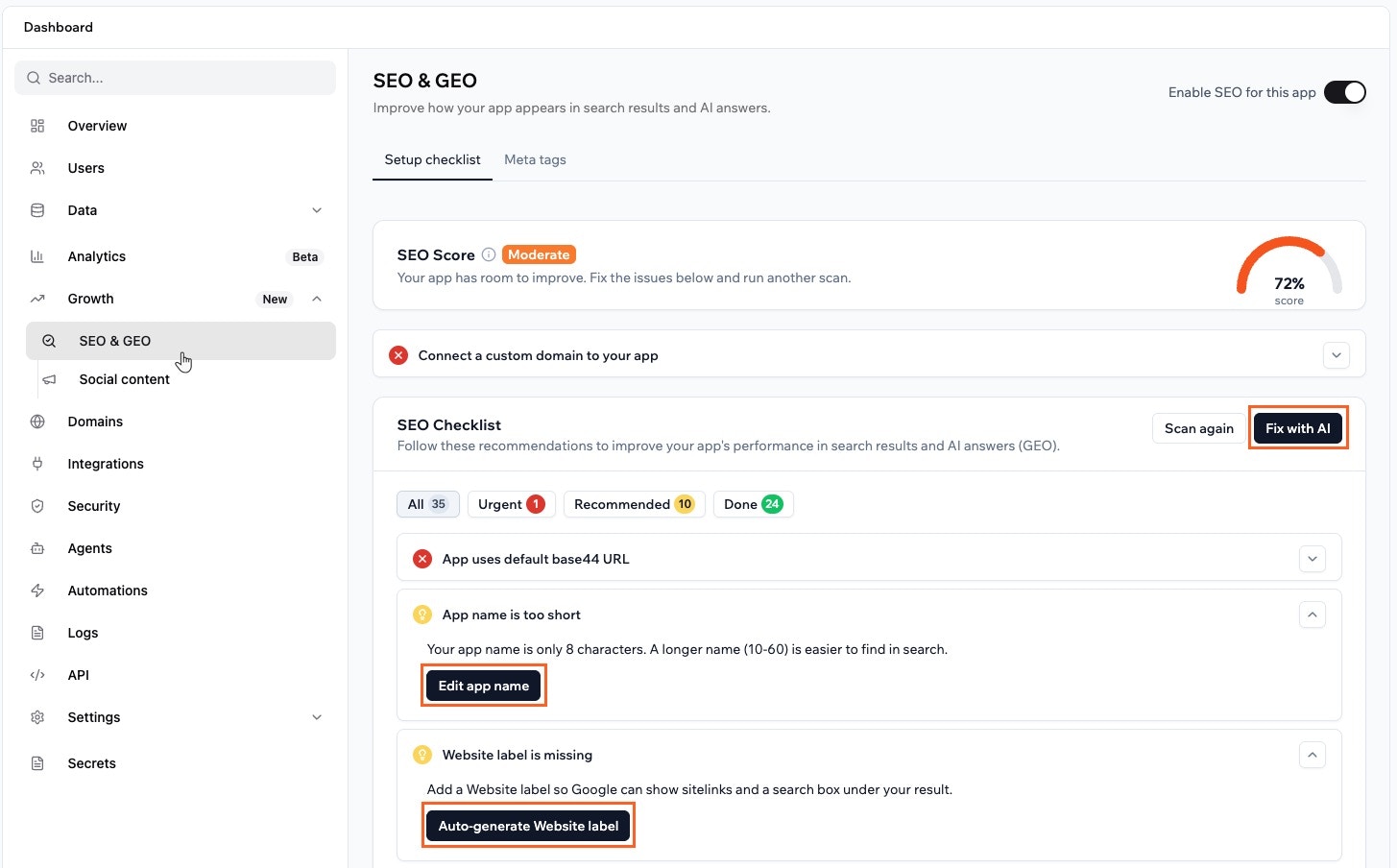 Fixing issues in the SEO and GEO checklist