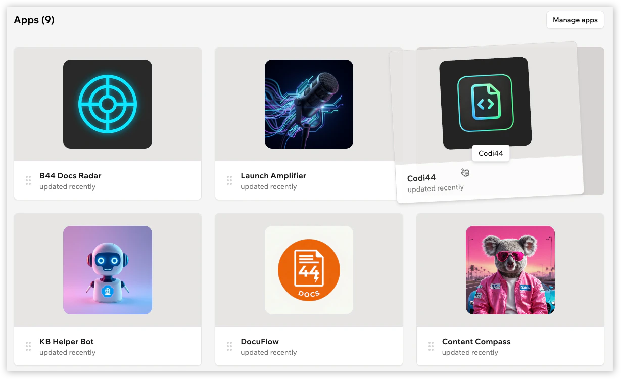 Apps displayed on a Base44 profile.