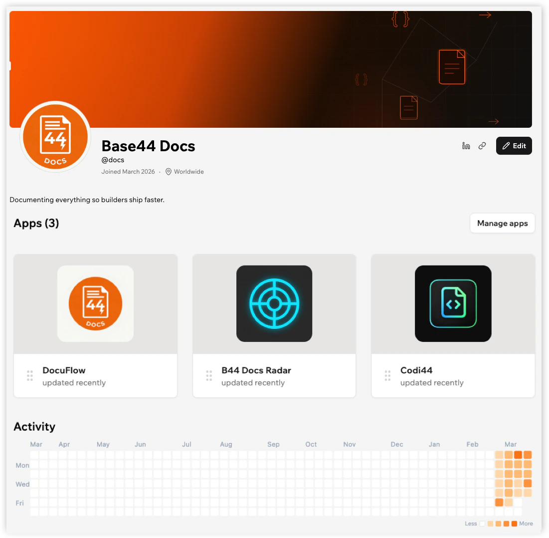 A public Base44 profile page showing the profile header, displayed apps, and activity heatmap.