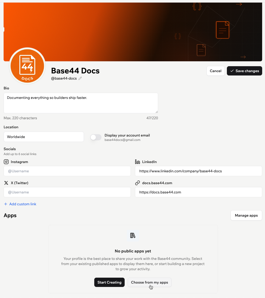 The Base44 profile editor showing fields for username, social links, location, email visibility toggle, and bio.