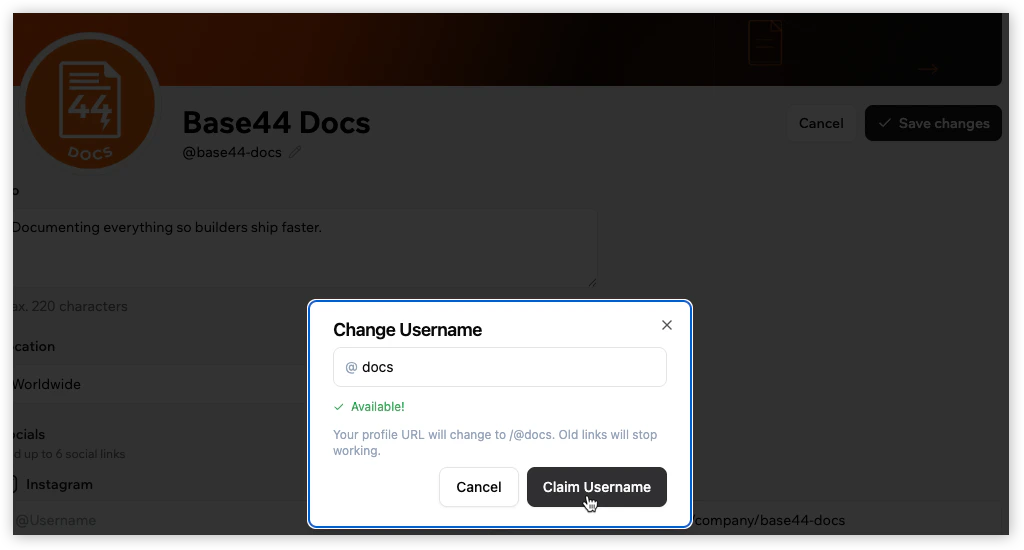 The Change Username dialog showing a username input field, an availability status, and Cancel and Claim Username buttons.