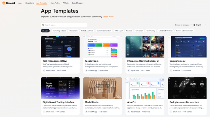 Screenshot showing the different app templates