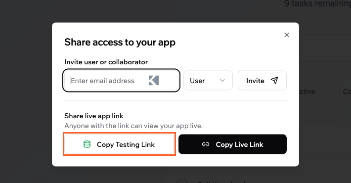 Copying a testing link to your app Copying a testing link to your app