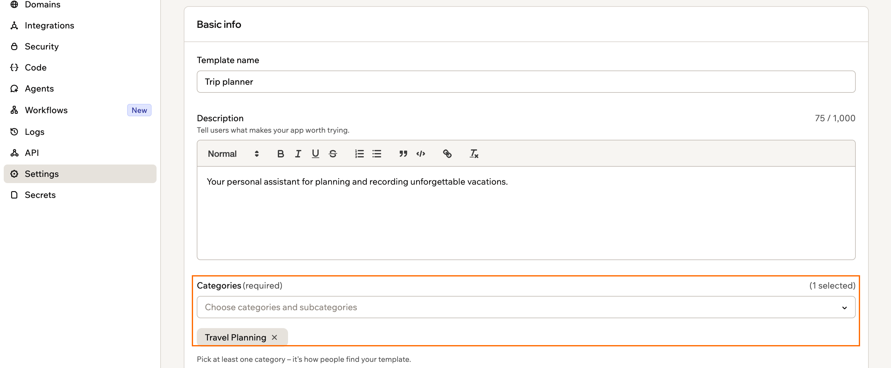 A screenshot of the Create public template form with the Categories dropdown and a selected category chip