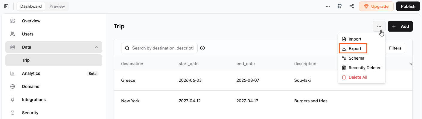 Exporting data from your app's dashboard