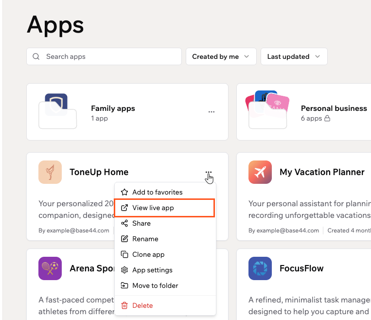 Viewing your live app from your Apps page