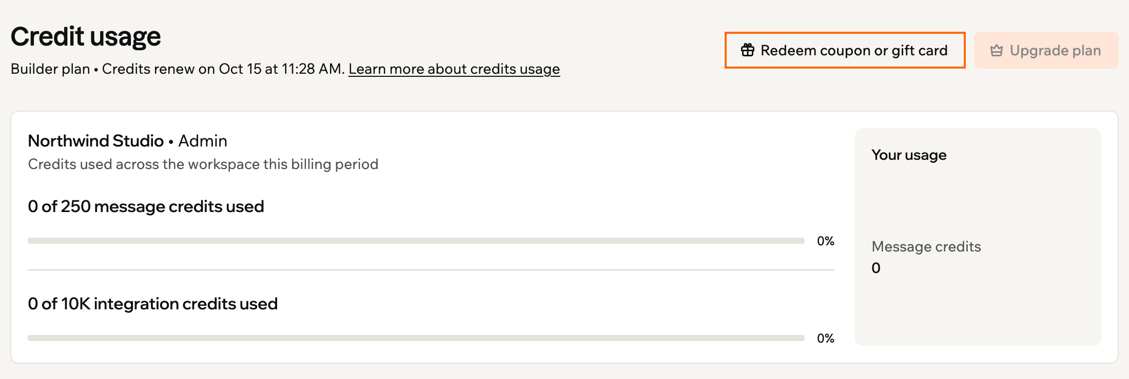 A screenshot of the top of the Credit usage page with the Redeem coupon or gift card button outlined