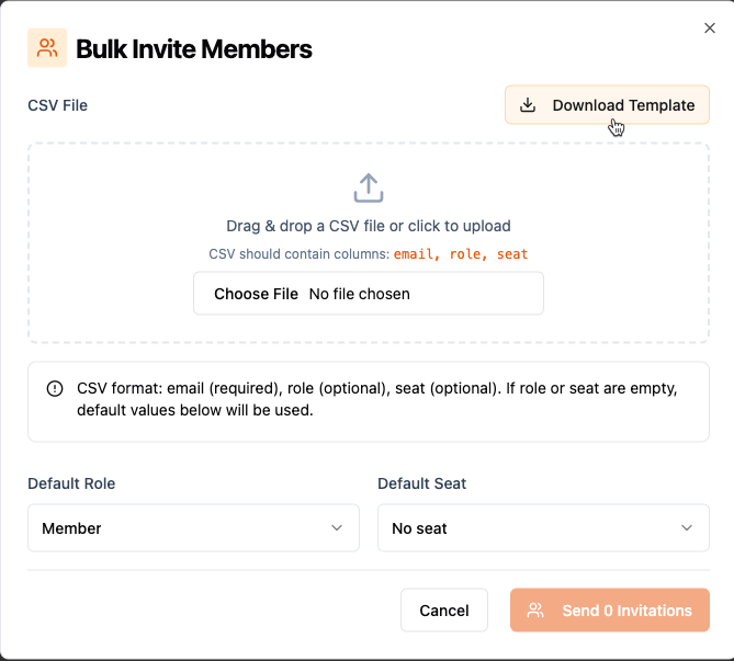 Sending a bulk invite to join your workspace in Base44.