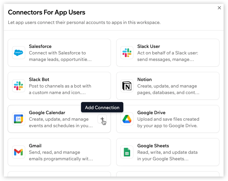 Connectors For App Users section with Add Connector flow.