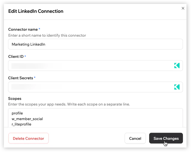 Edit LinkedIn Connection modal showing connector name, client ID, client secret, scopes, and options to save changes or delete the connector.
