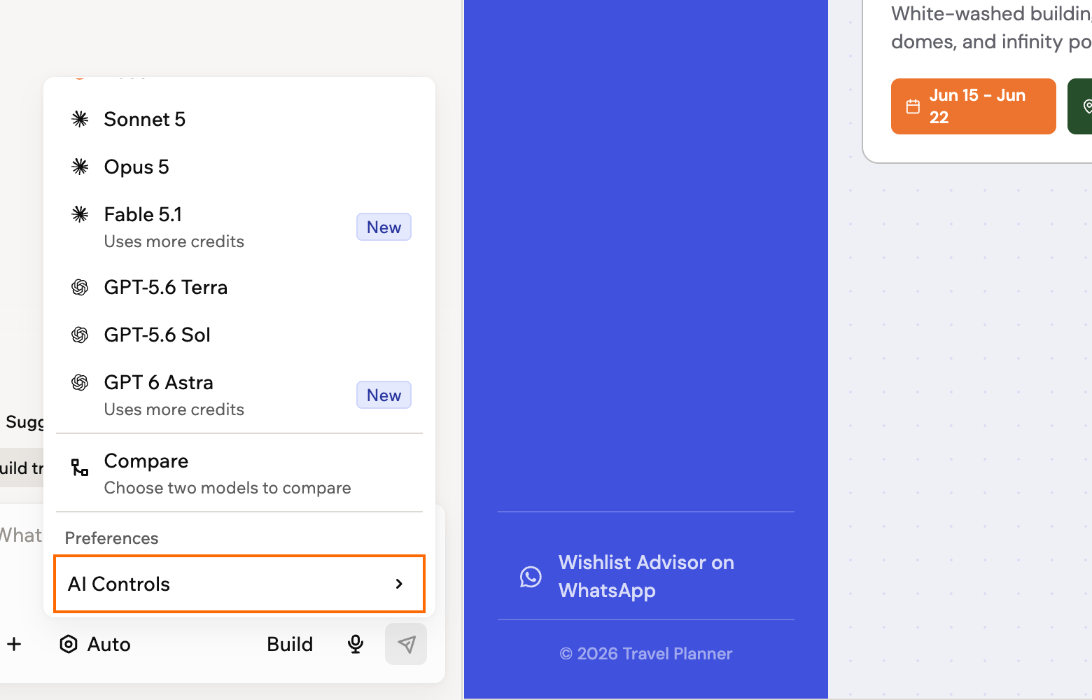 A screenshot of the model menu scrolled to Preferences, with AI Controls below the model list