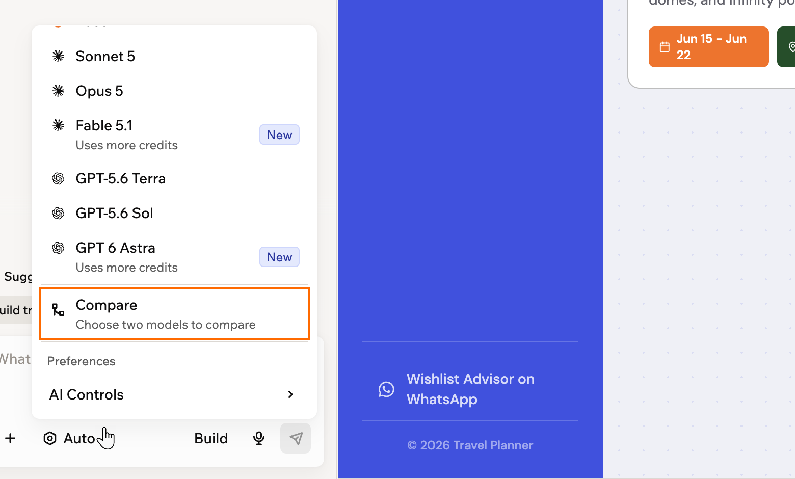 A screenshot of the model picker with the Compare option outlined below the model list