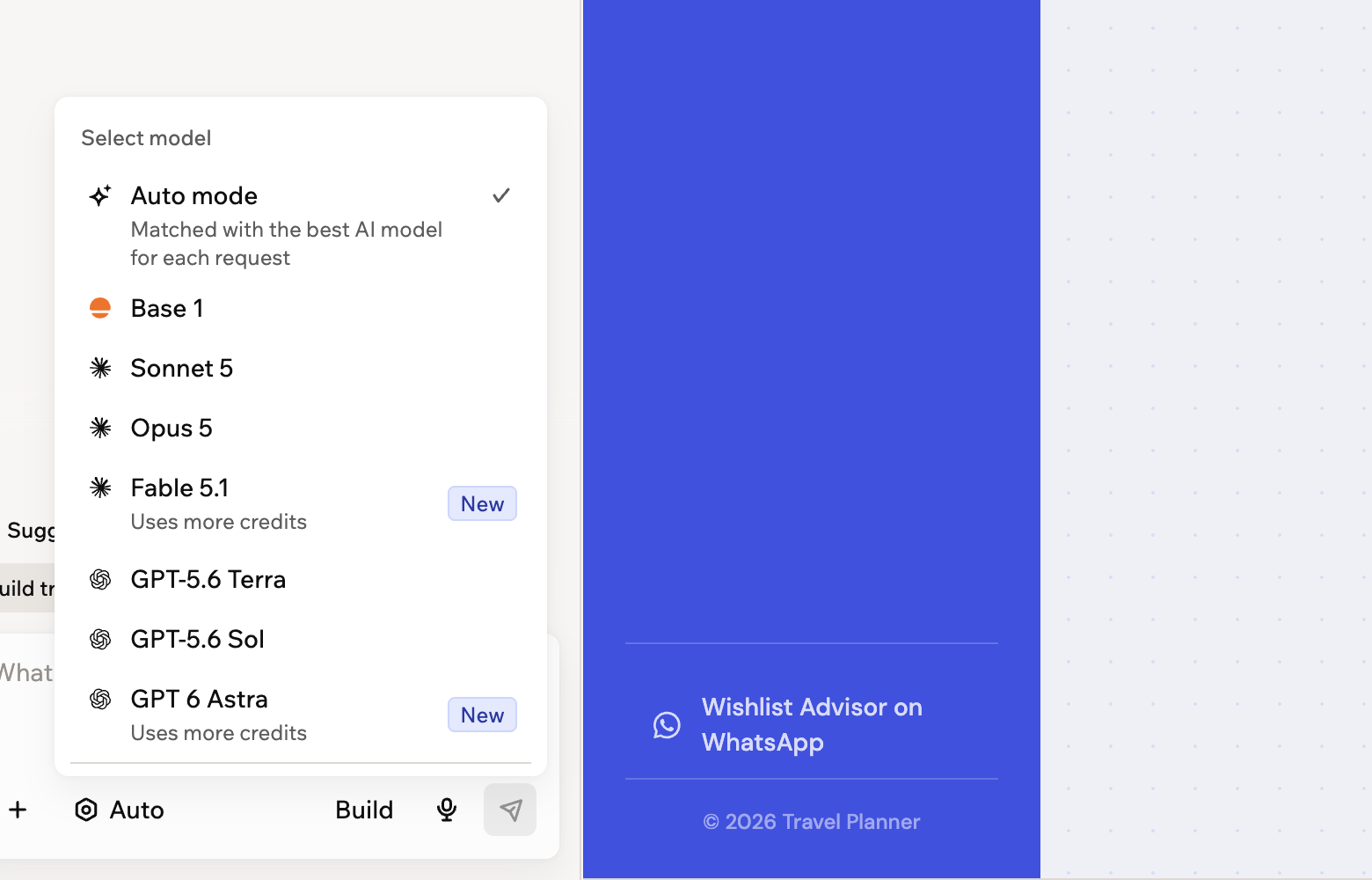 A screenshot of the model selector in the app editor showing the models including GPT 6 Astra