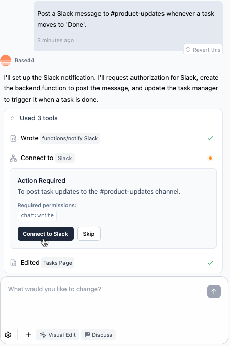 AI chat showing a Slack connector with required permissions and a Connect to Slack button.