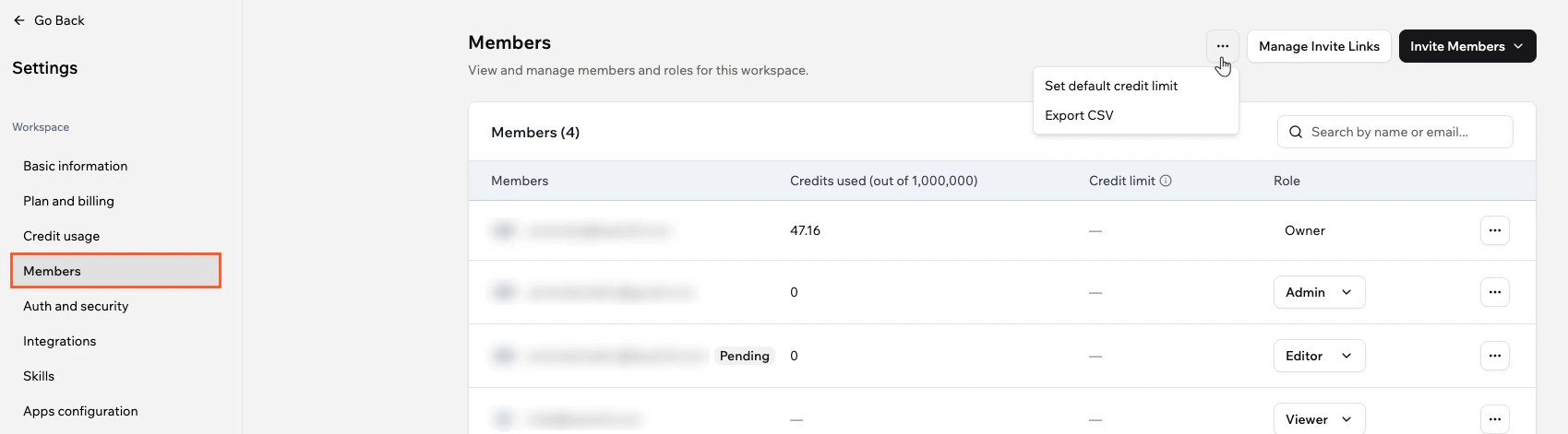 Set monthly credit limit per user dialog