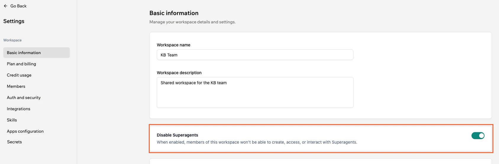 Disable Superagents toggle in Basic information settings