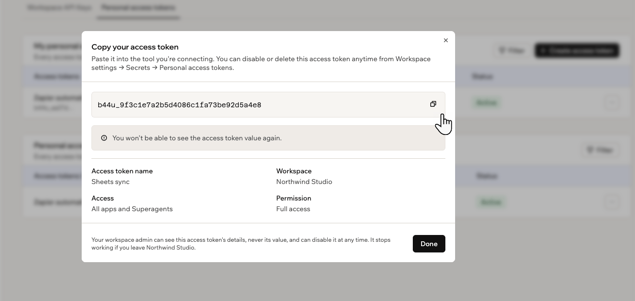 A screenshot of the Copy your access token screen, with the copy icon beside the token value