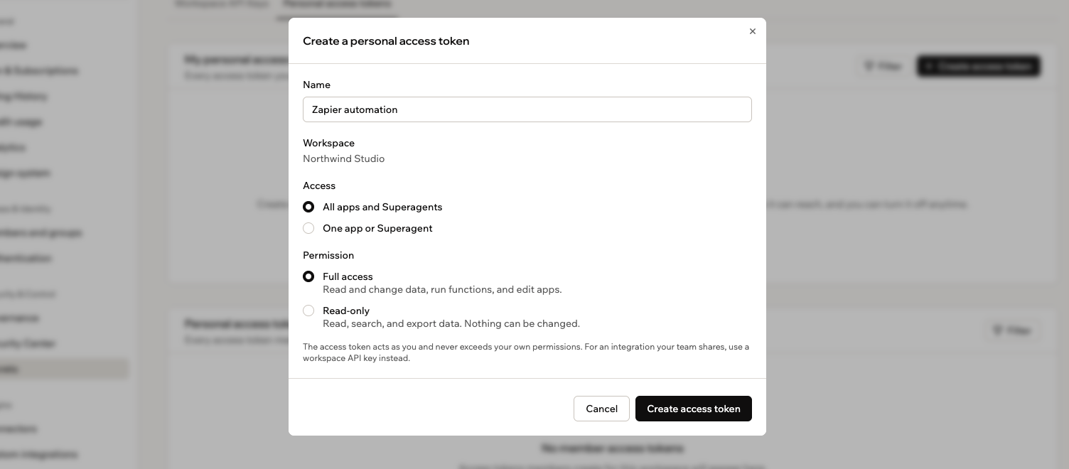 A screenshot of the Create a personal access token dialog, showing the name, access and permission choices