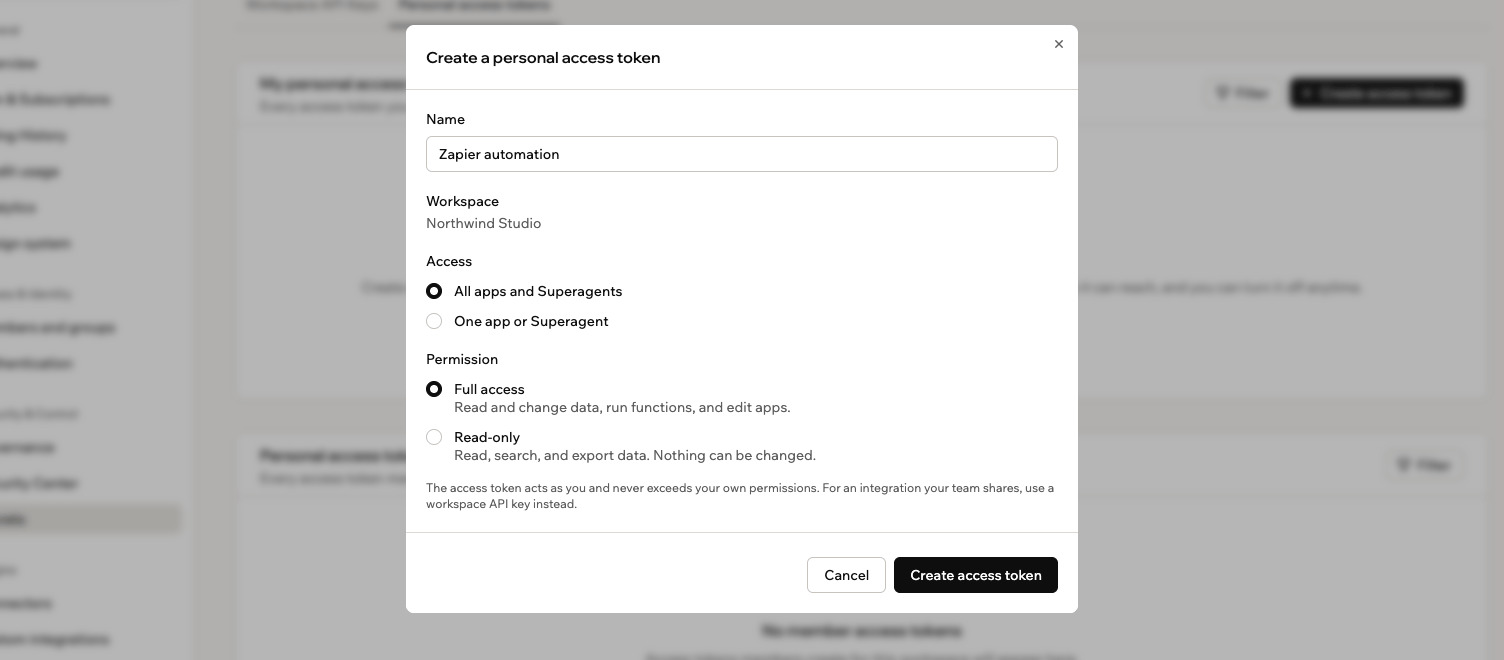 A screenshot of the Create a personal access token dialog, showing the name, access and permission choices