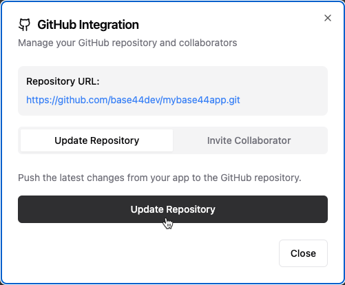 Updating an app’s GitHub repository from the Base44 dashboard.