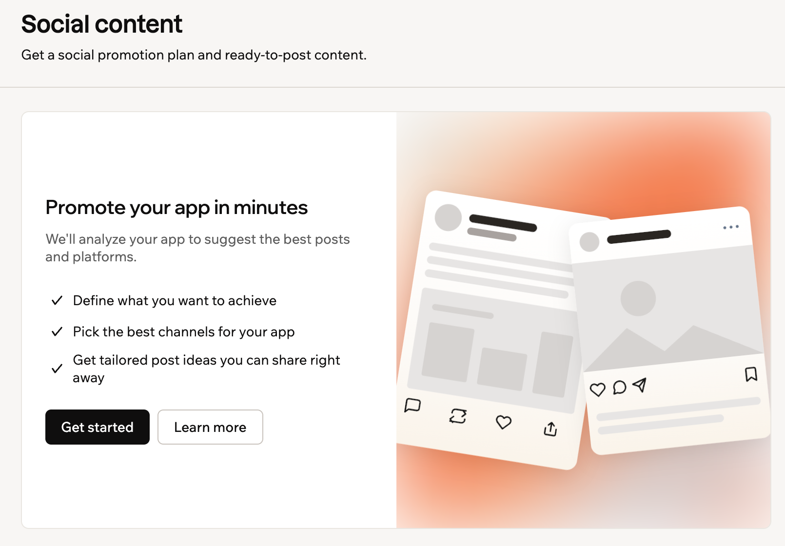 La página Social content con Promote your app in minutes, Get started y Learn more
