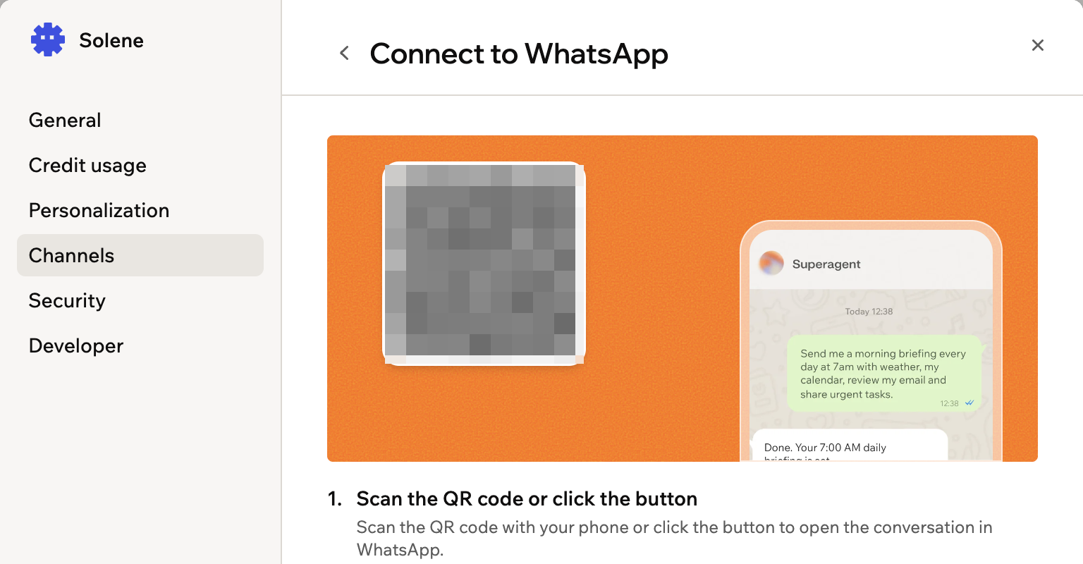 A screenshot of the Connect to WhatsApp step showing the QR code and activation instructions