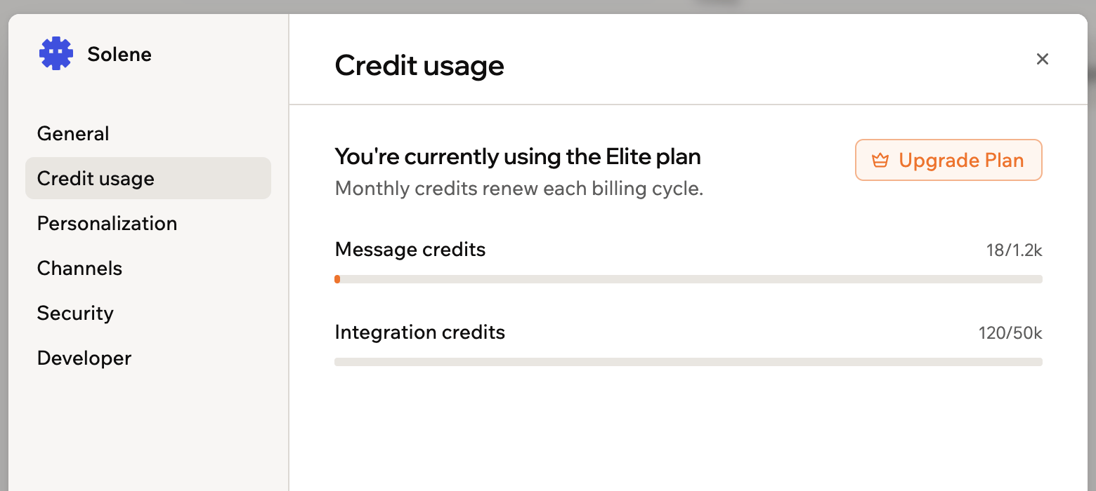 A screenshot of Credit usage settings showing message credits and integration credits