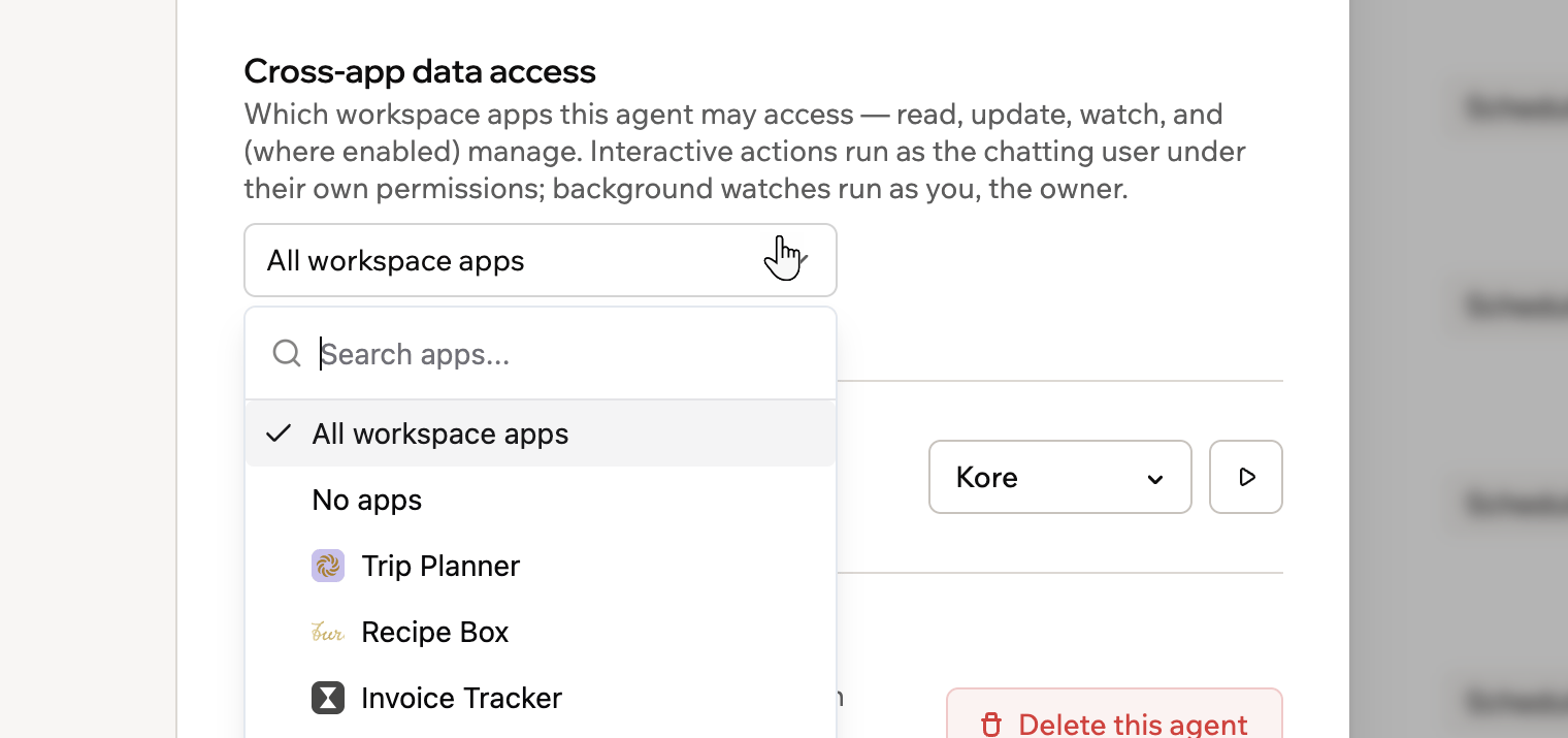 A screenshot of the Cross-app data access dropdown listing All workspace apps, No apps and specific apps