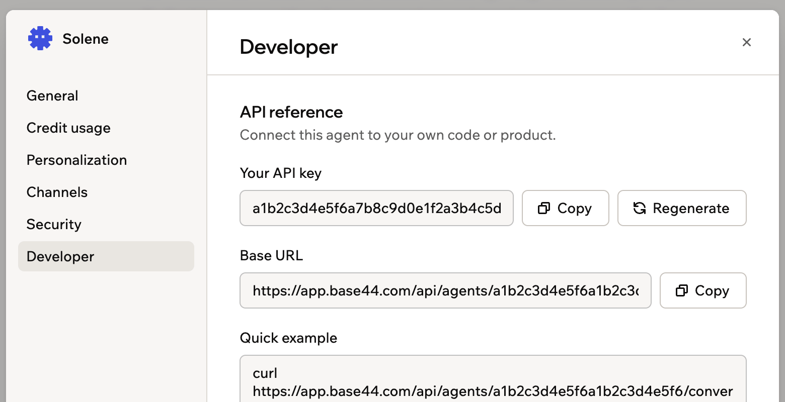 A screenshot of Developer settings showing the API key, base URL and a quick example request