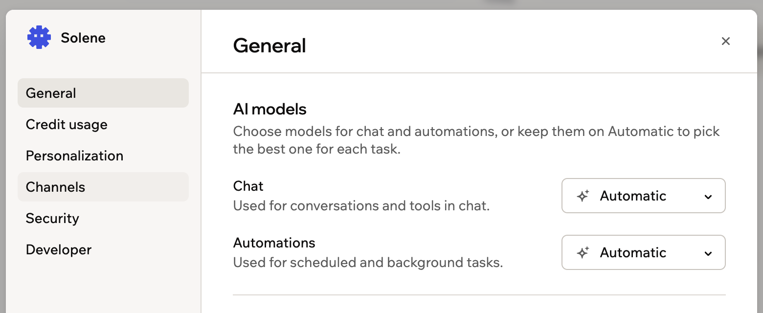 A screenshot of General settings showing AI model choices for chat and automations
