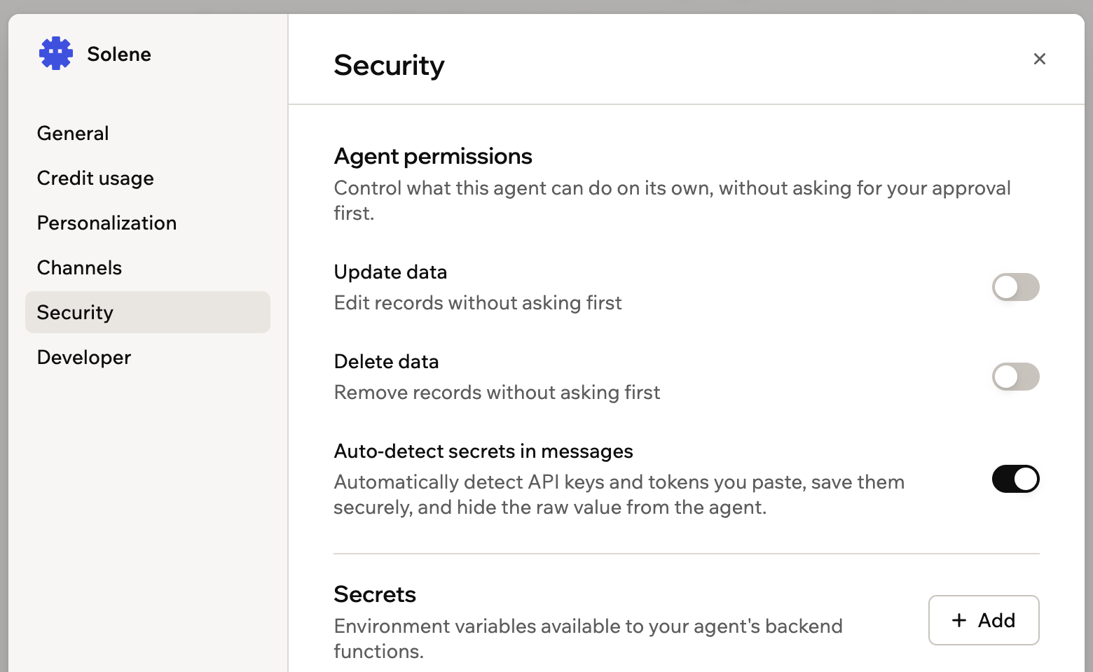 A screenshot of Security settings showing agent permission toggles and the Secrets area