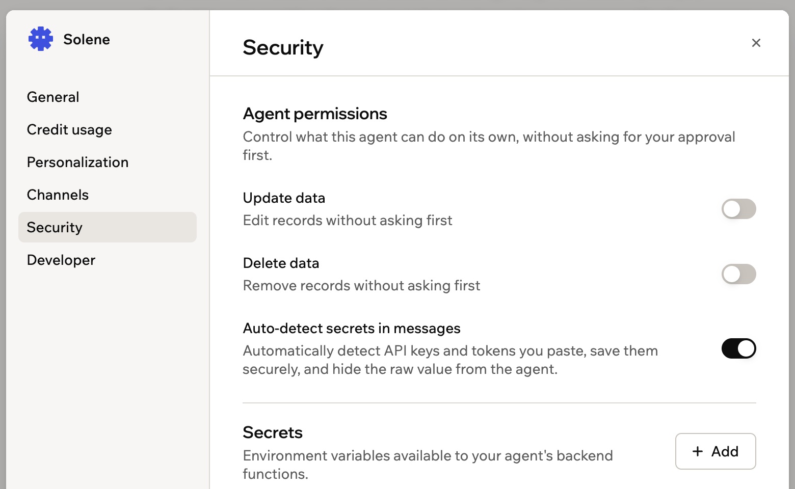 A screenshot of Security settings showing agent permission toggles and the Secrets area