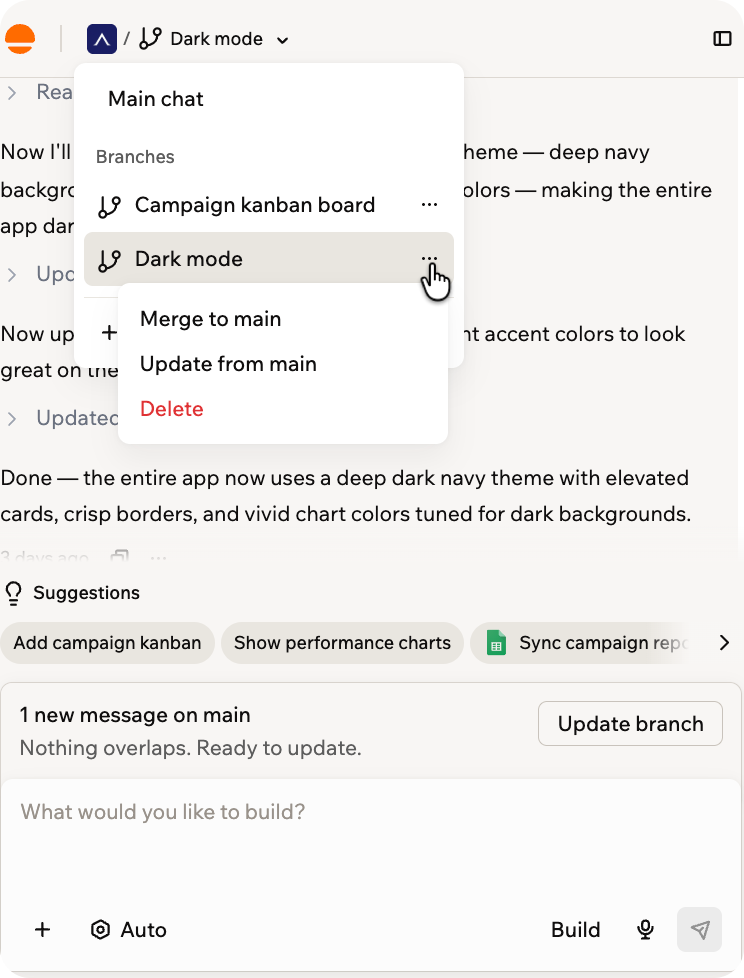 Le menu des branches avec le menu More actions ouvert sur une branche, montrant Merge to main, Update from main et Delete