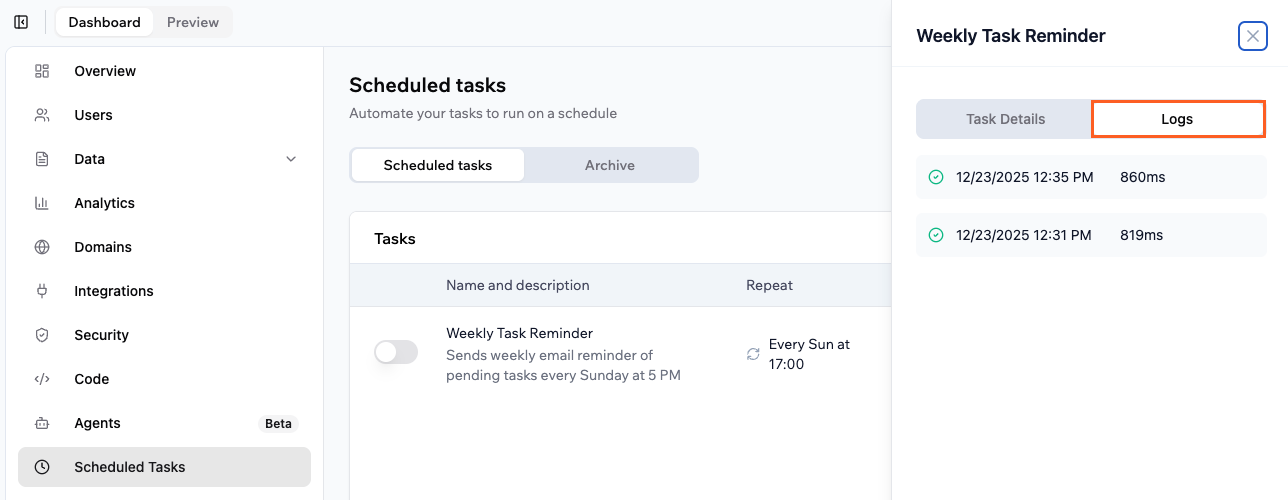 Viewing the logs of a scheduled task
