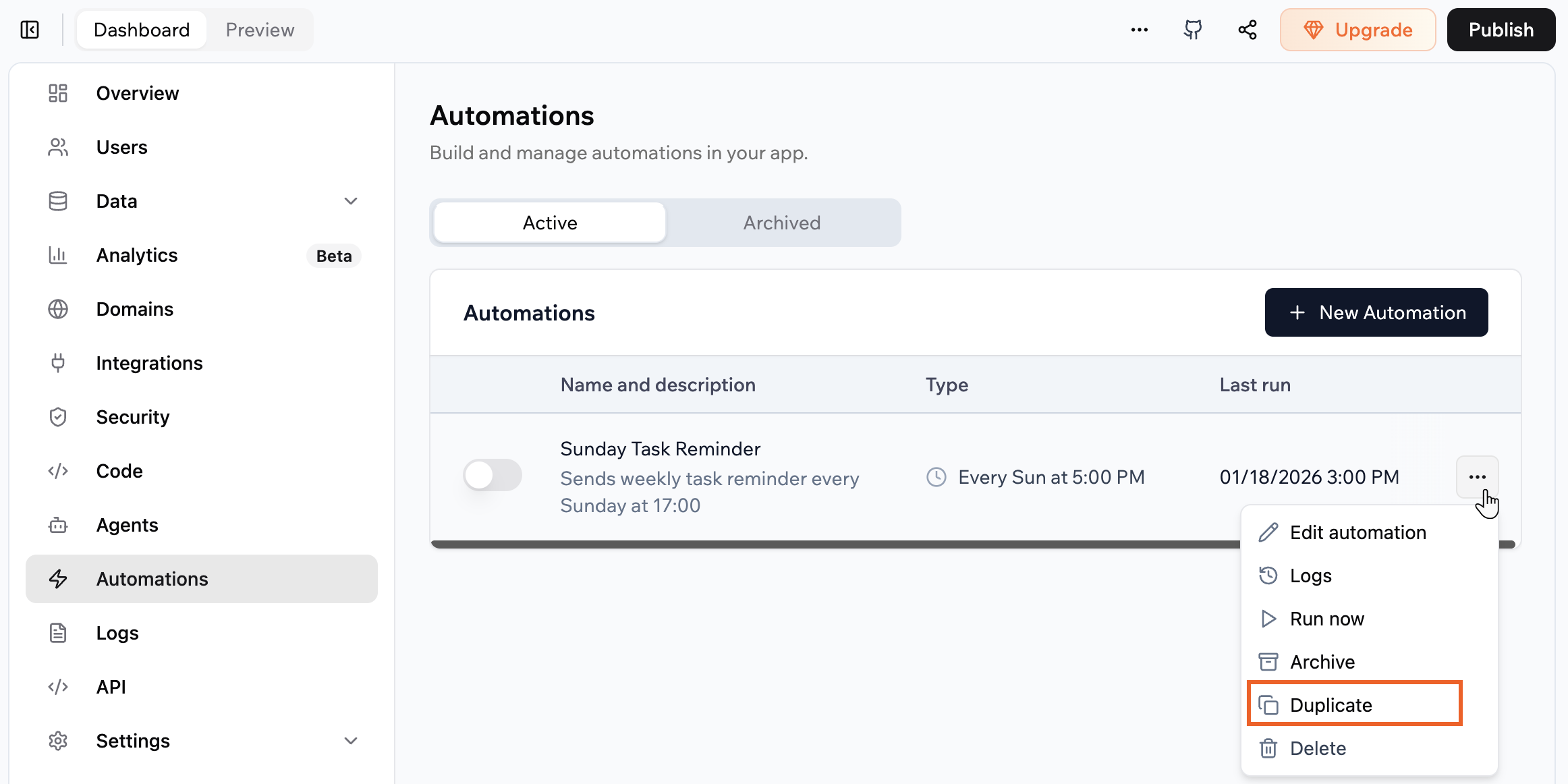 Duplicating an automation in your app