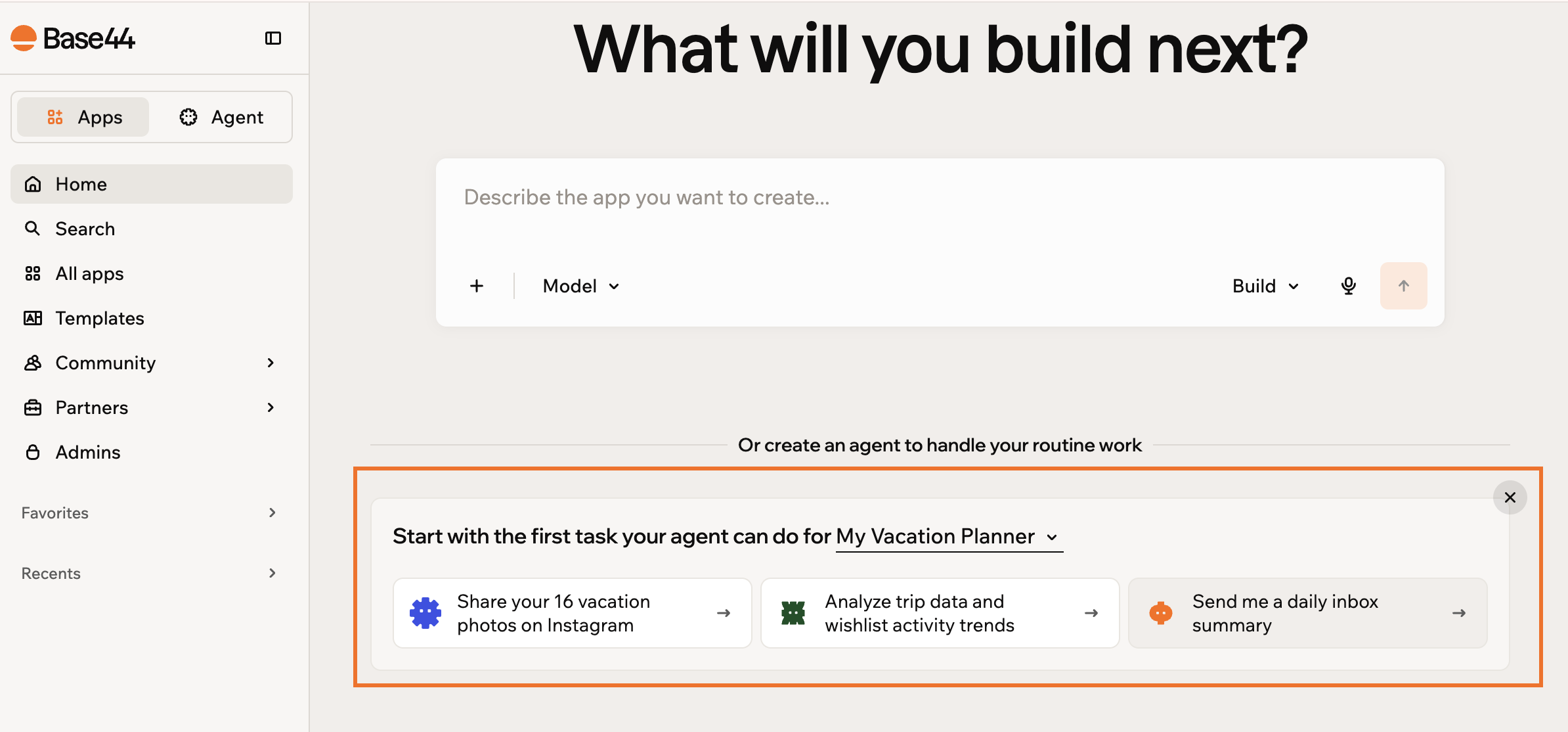 Home page suggestions offering a first task an agent can do for the selected app