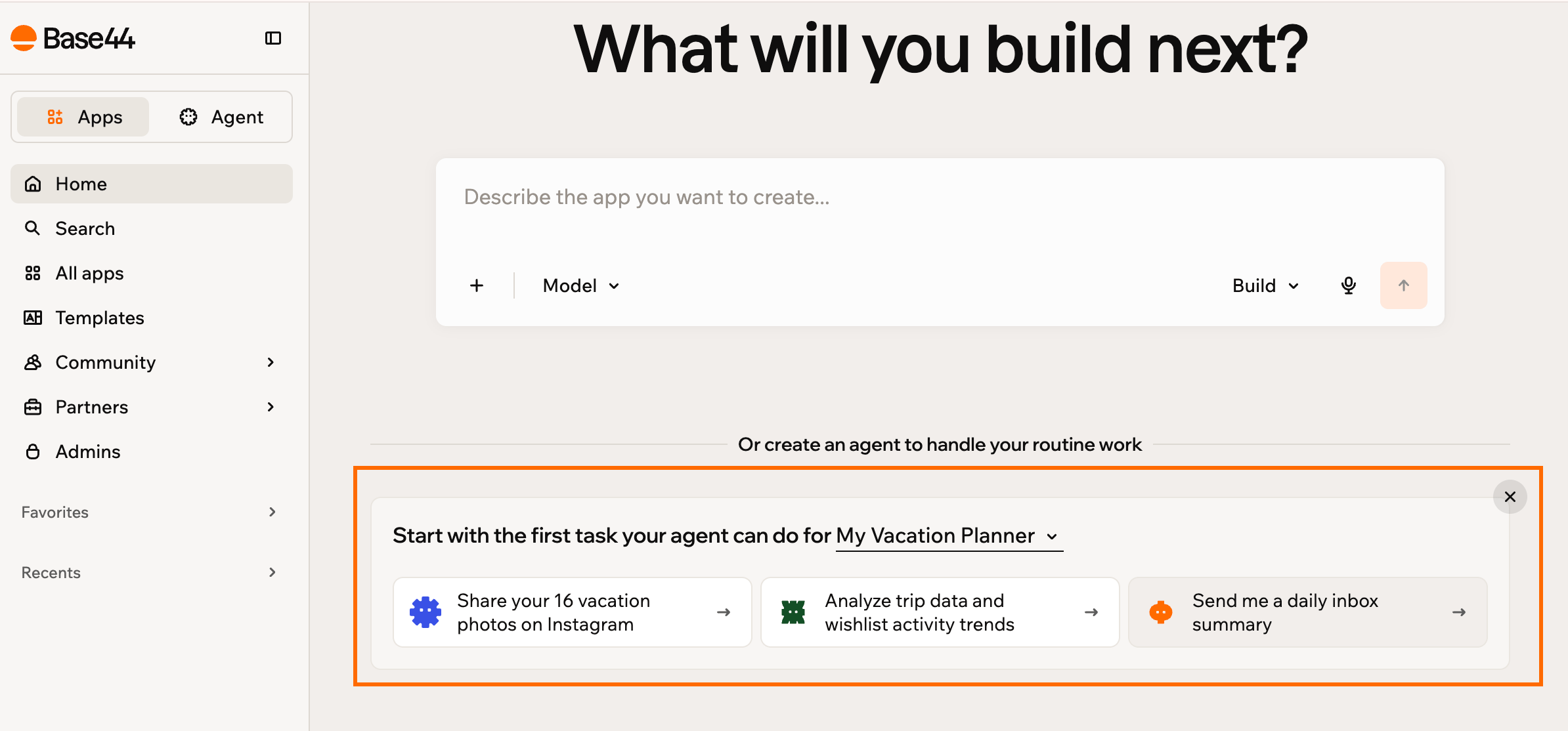 Home page suggestions offering a first task an agent can do for the selected app
