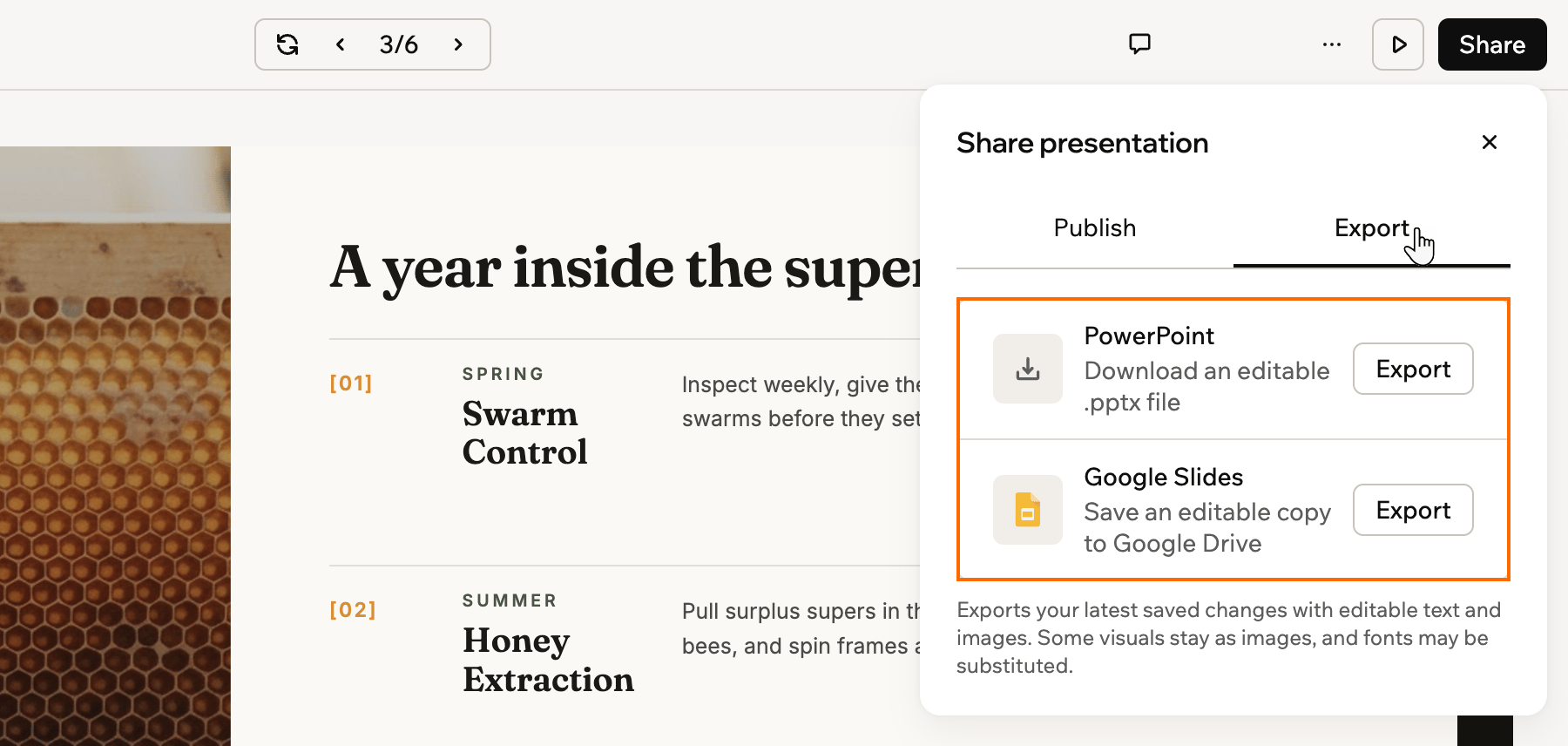 Ein Screenshot des Panels zum Teilen der Präsentation mit geöffnetem Export-Tab und hervorgehobenen Zeilen für PowerPoint und Google Slides