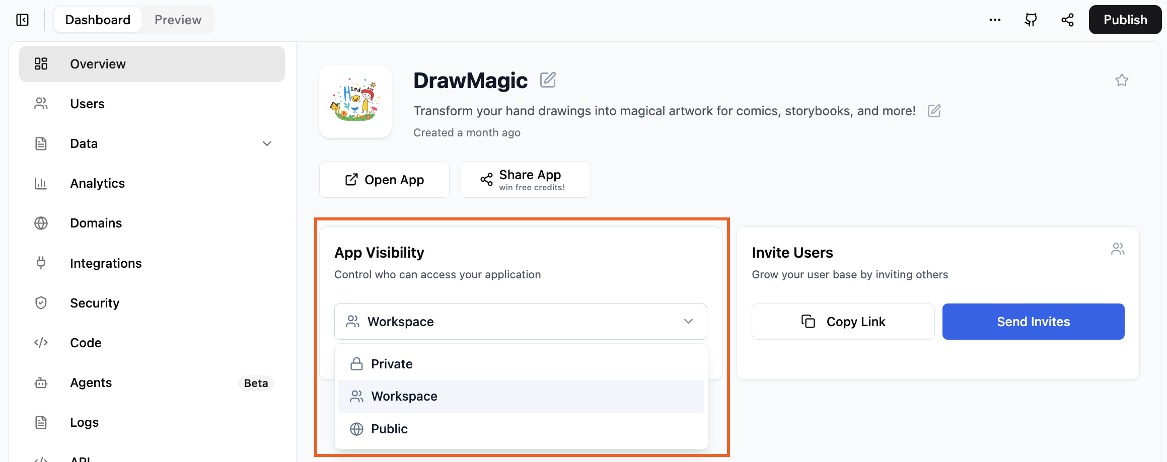 Choosing your app visibility from your app's dashboard