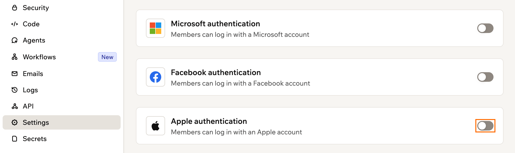 A screenshot of the Apple authentication card in the Authentication settings with its toggle outlined