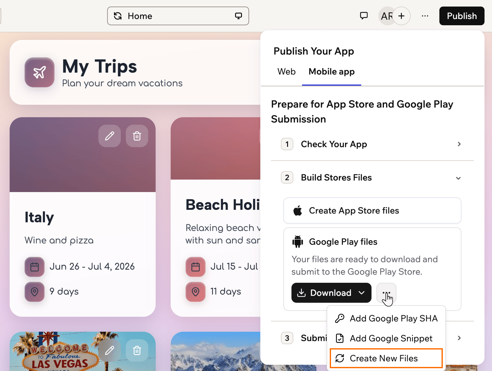 A screenshot of the More actions menu in the Mobile app tab with Create New Files outlined