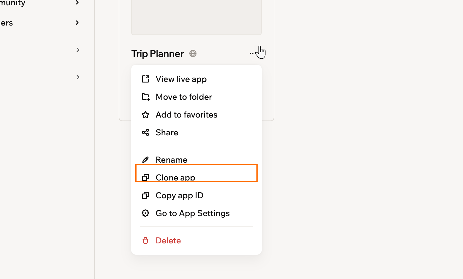 A screenshot of an app card menu with Clone app outlined