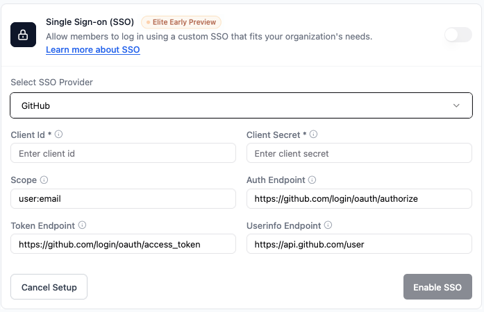 Base44 Single sign-on settings configured with GitHub as the SSO provider