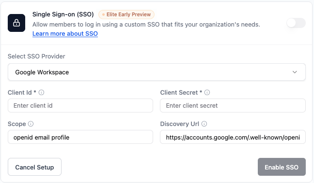 Base44 Single sign-on settings configured with Google Workspace as the SSO provider